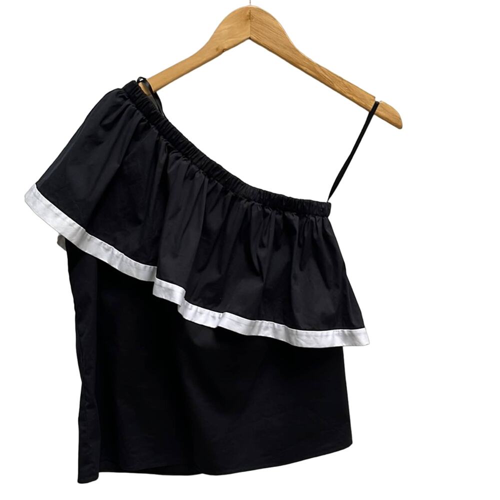 MILLY One Shoulder Ruffle Blouse Black White Size M